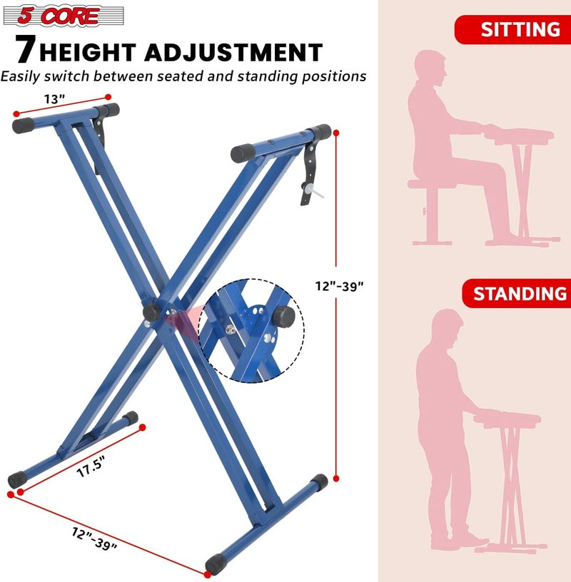 5 Core Piano Keyboard Stand Double X Heavy Duty 7 Adjustable Height Digital Electric Synthesizer Music Stands For 61 76 88 Keys w Secure Locking Strap - KS 2X BLU - Image 2